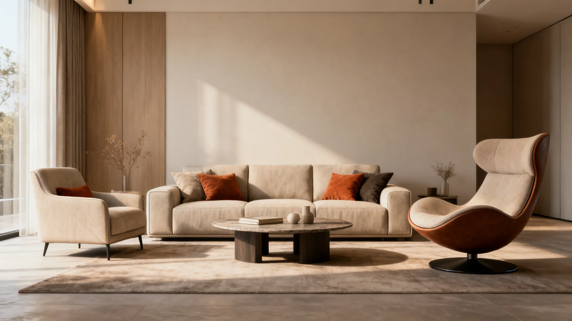 Sofa paired with a matching chair and a sculptural statement swivel chair, with coordinated cushion accents