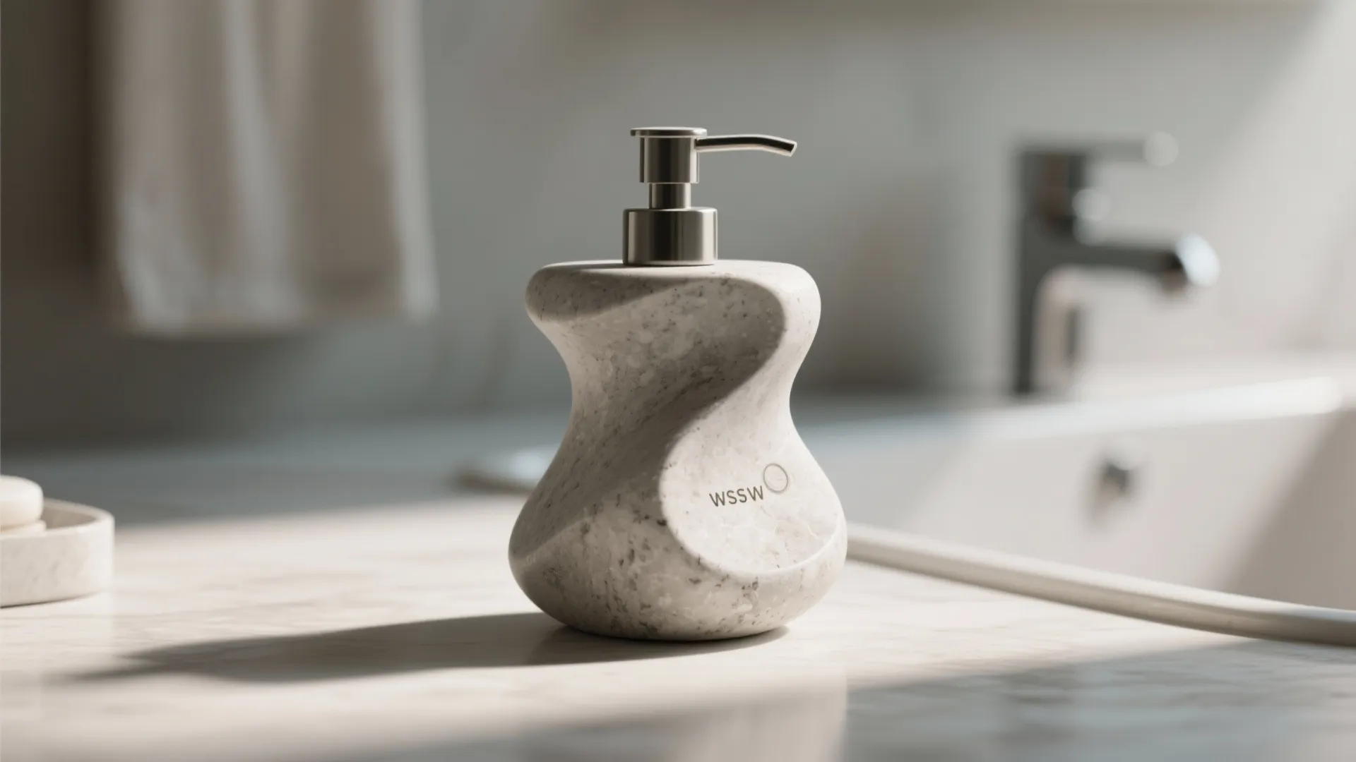 Grey stone soap dispenser with unique curved shape placed on white marble sink in bathroom