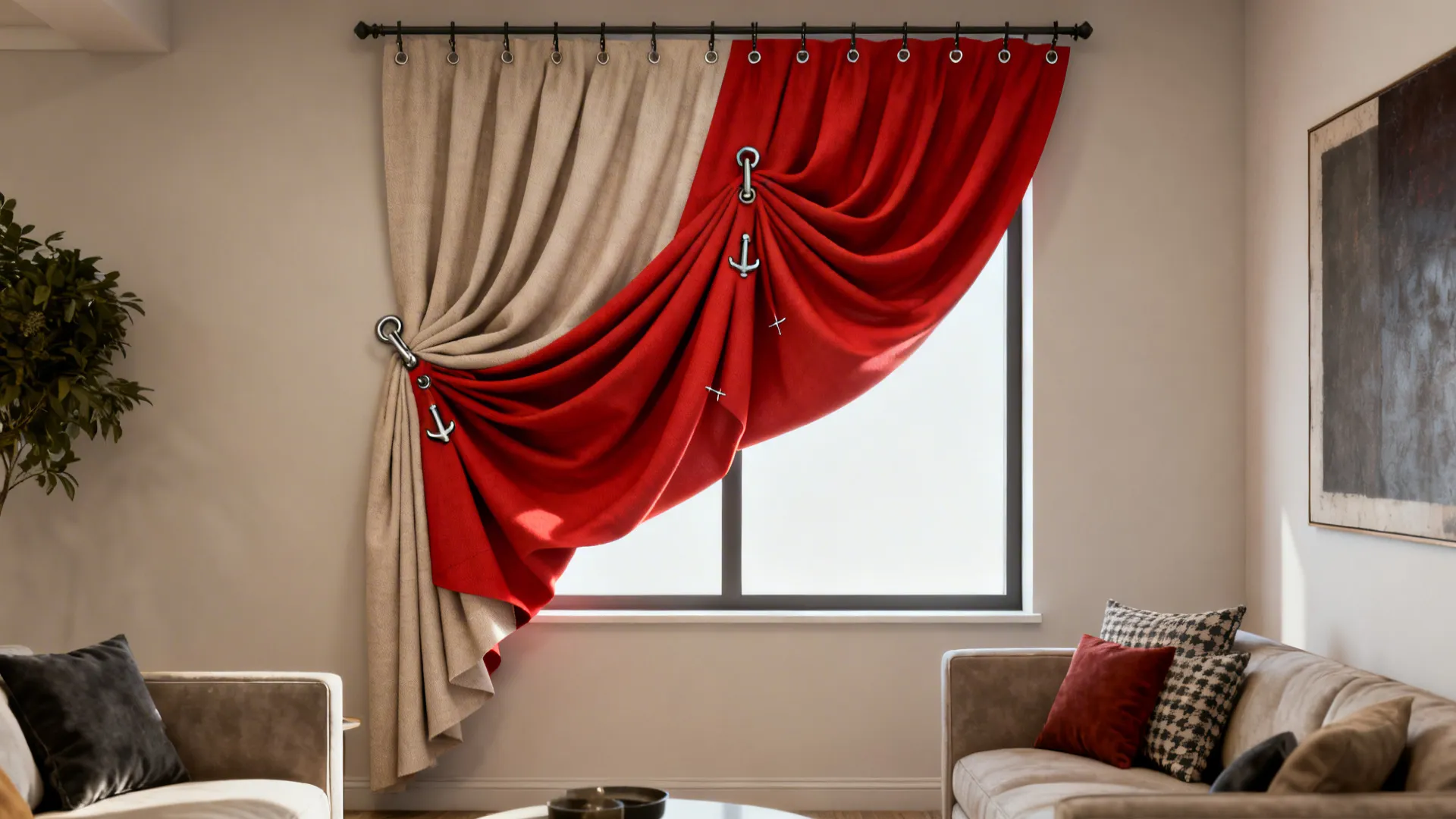 Asymmetrical swag draped over a window in a modern eclectic room