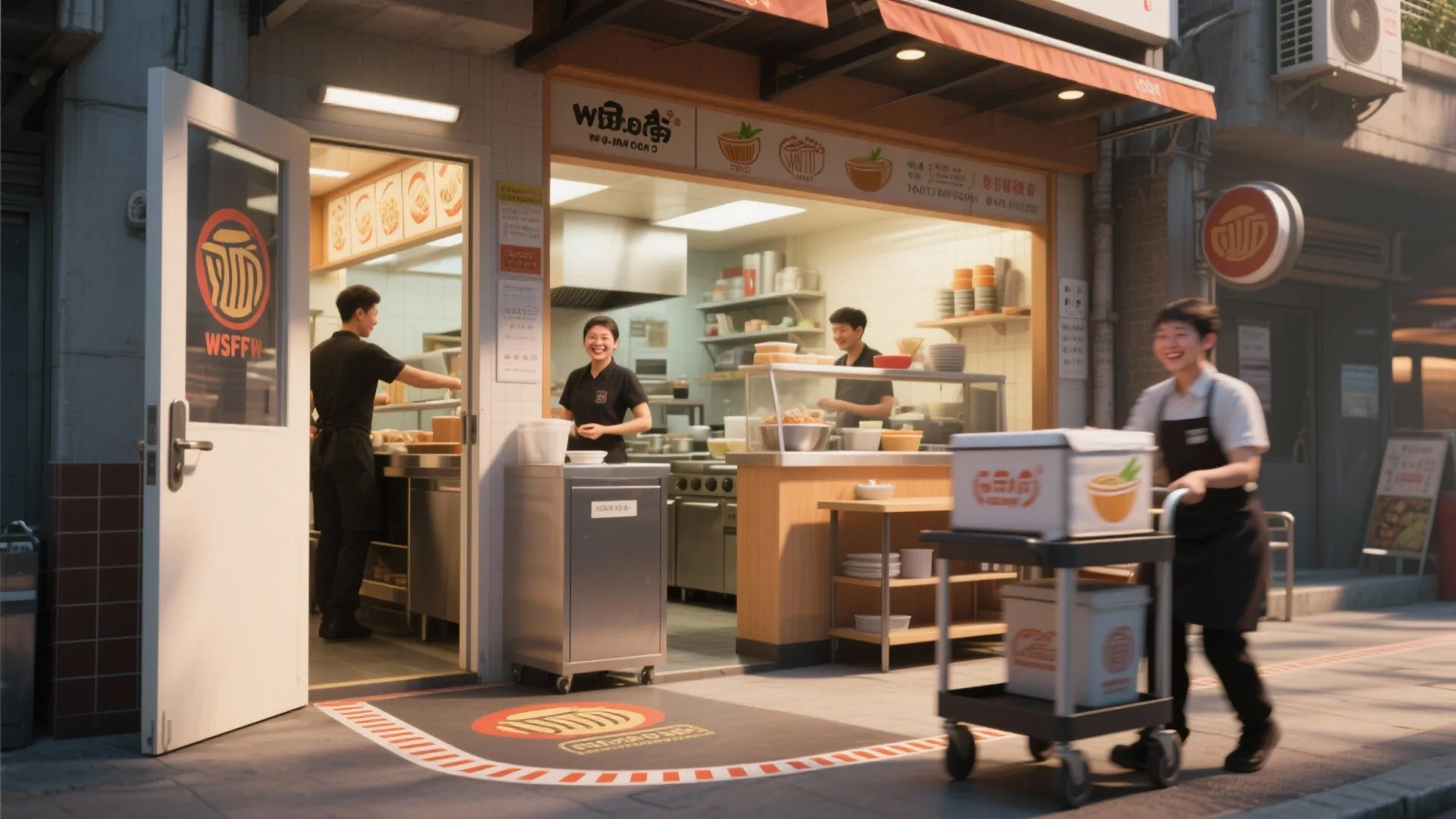 Door swing reoriented away from a prep zone in a noodle bar, allowing a delivery cart to pass safely.