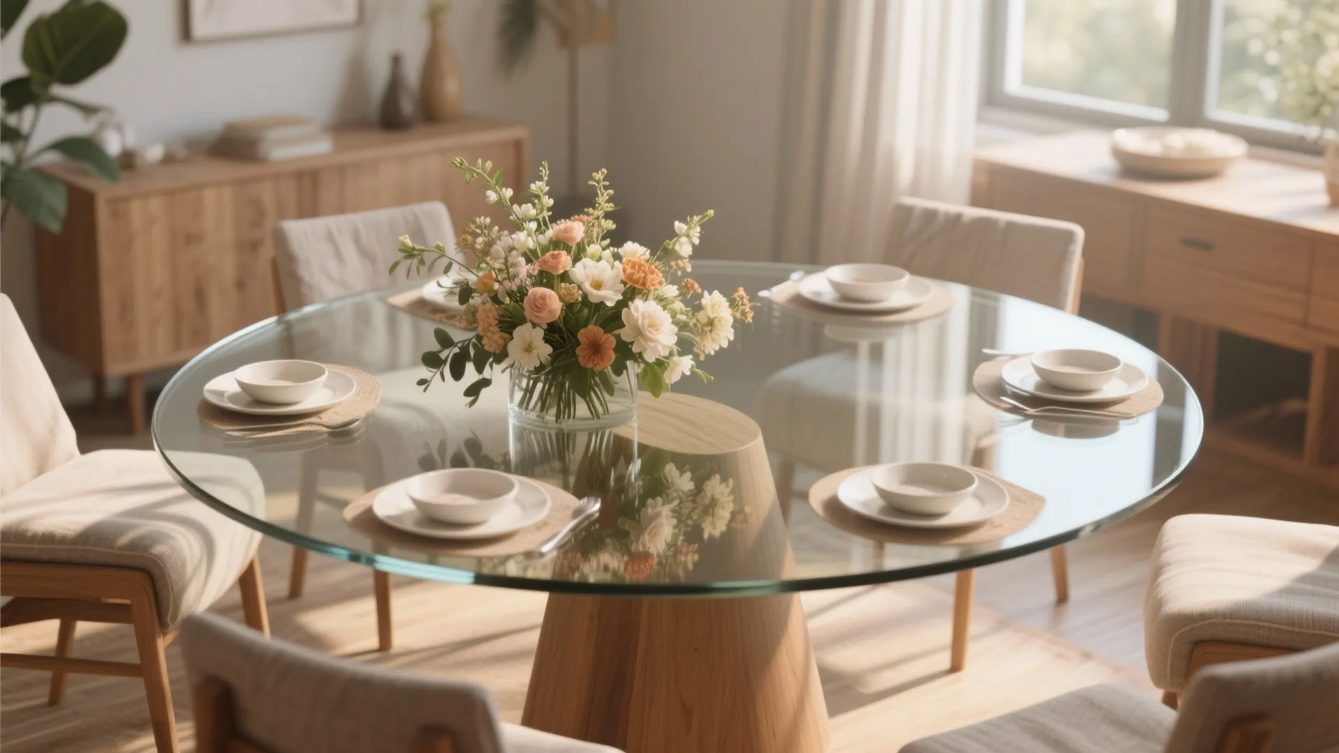 Round glass dining table with flower vase white bowls and beige chairs in bright room