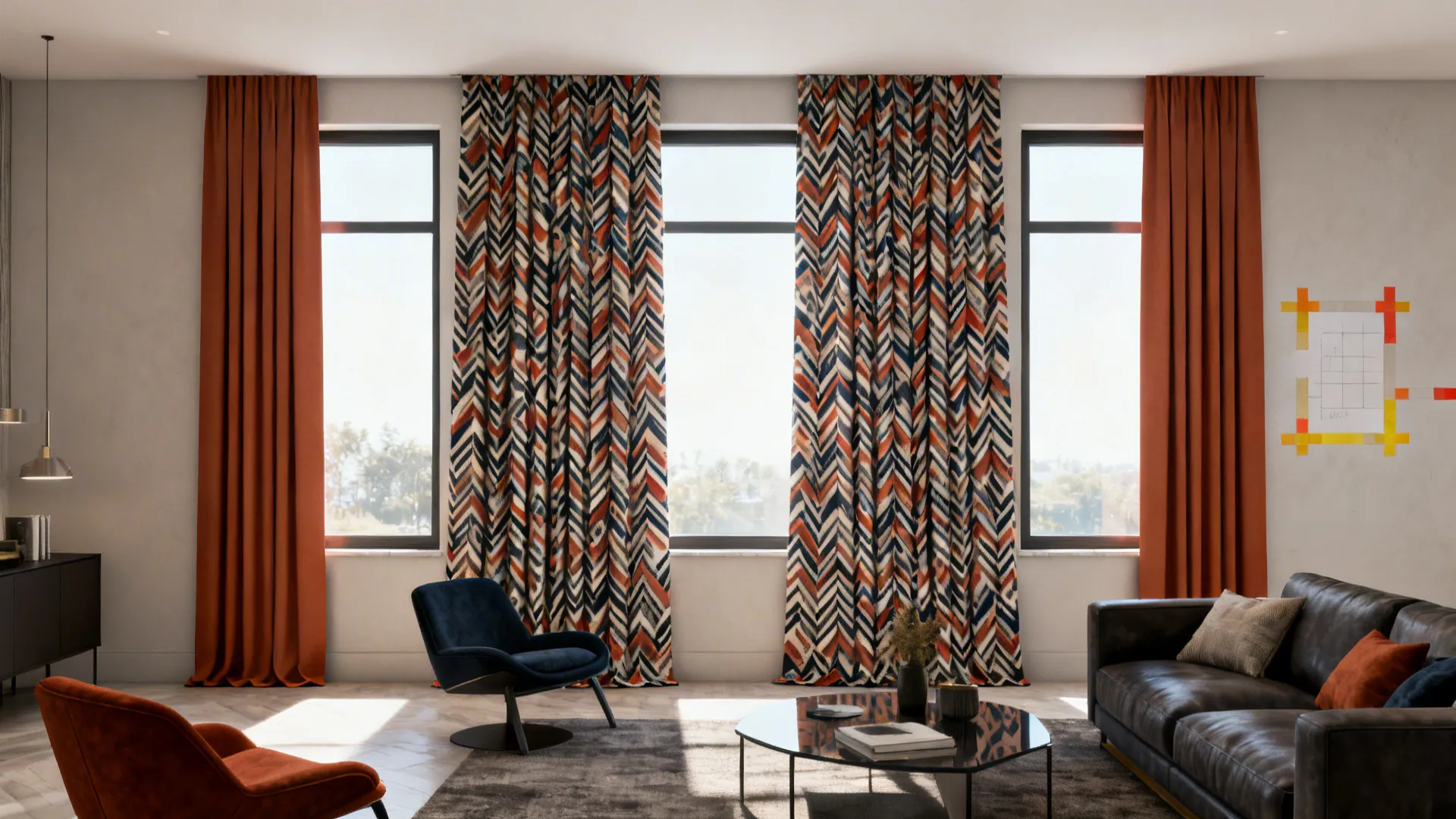 Asymmetrical curtain layout with narrow outer panels and a wide patterned center panel across three windows.