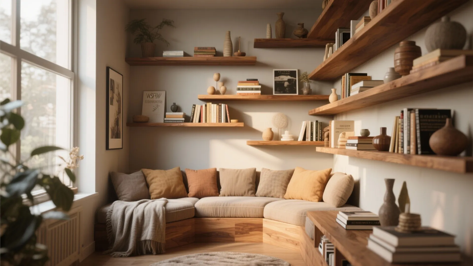 Cozy corner with wooden wall shelves holding books and vases above a built in corner sofa
