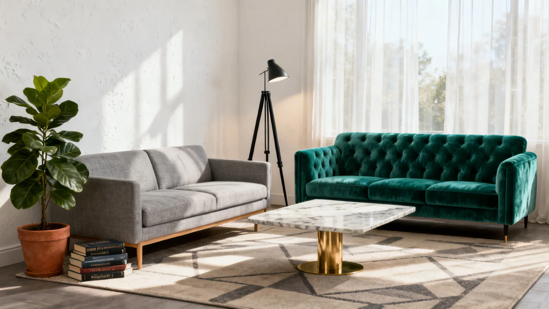Asymmetrical sofa pairing balanced with a tripod lamp, plant, and books for a curated look.