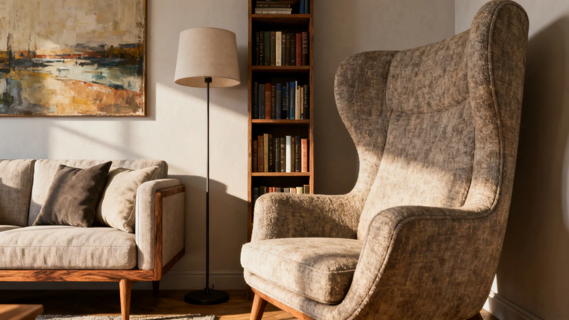 Close-up of an asymmetrical living room layout balancing a compact sofa, oversized chair, and slim bookcase.