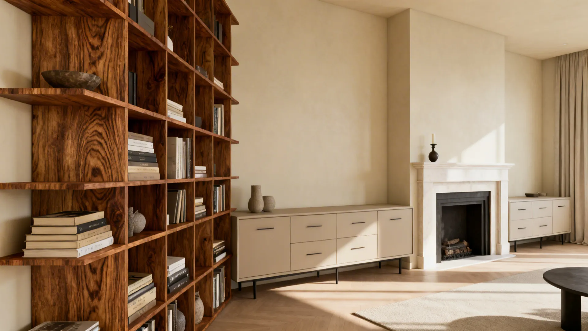 Large wooden bookshelf next to a beige cabinet fireplace and light walls in bright room