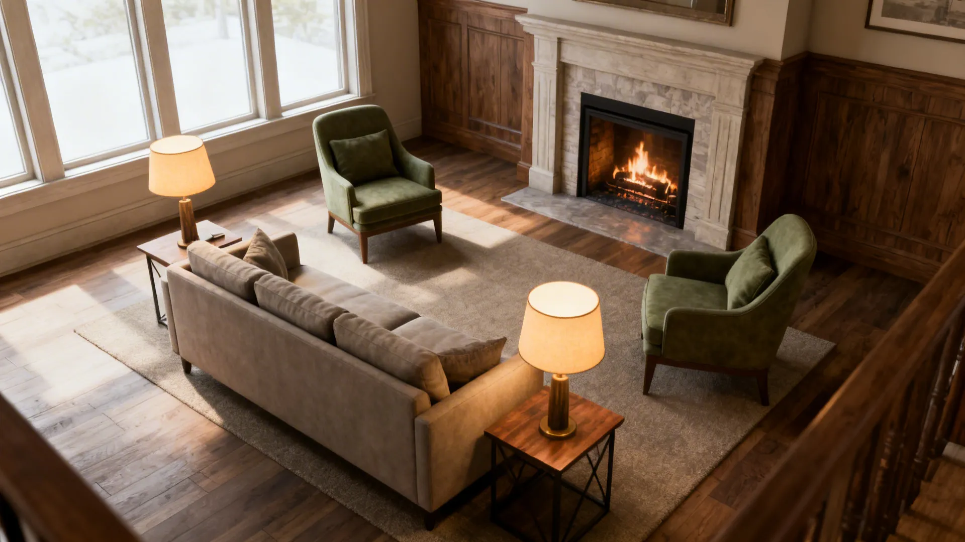 Small living room with sofa and angled chairs forming a conversational triangle around a corner fireplace
