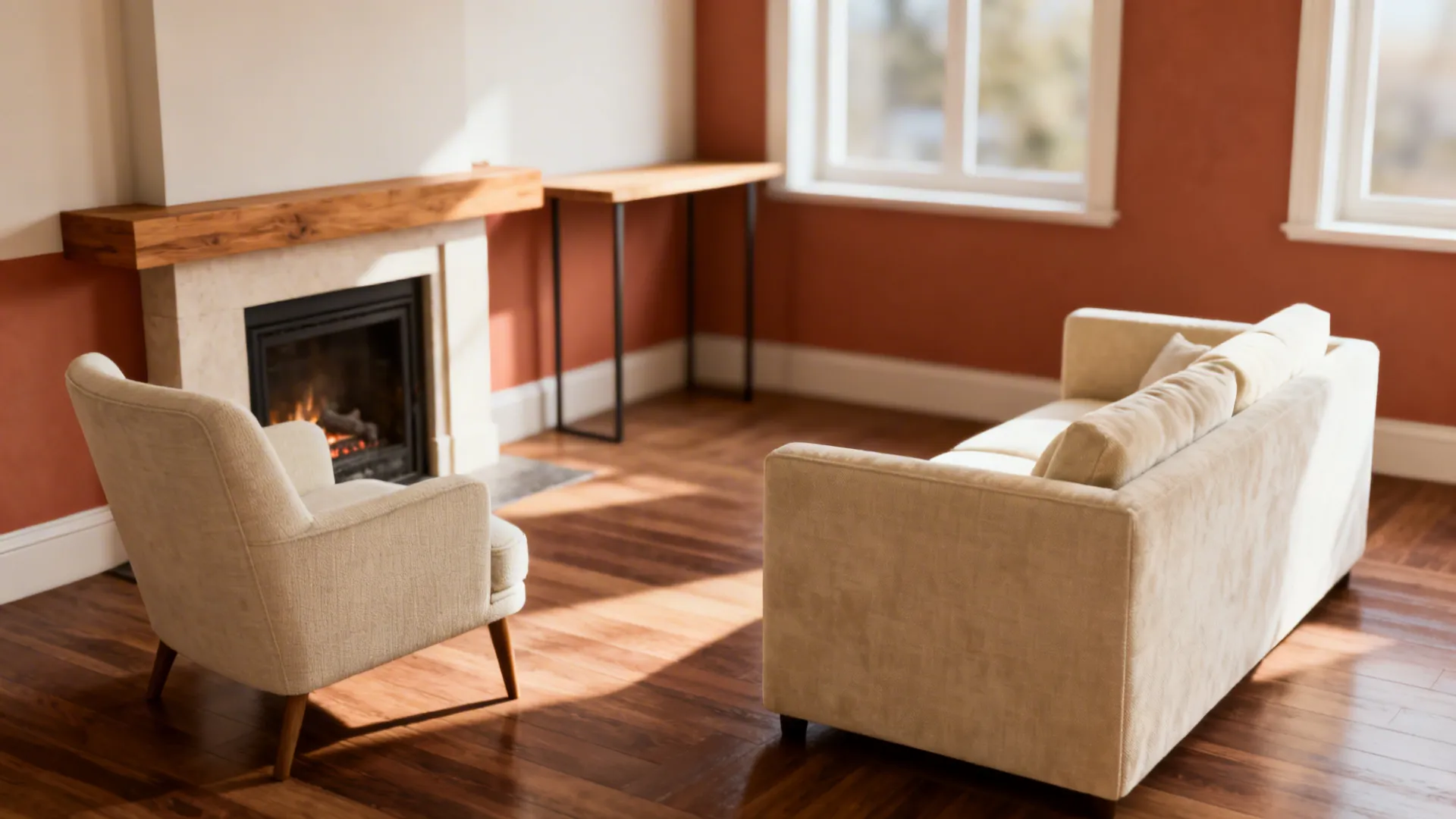Sofa facing a corner fireplace with an armchair at 45 degrees and a slim console maintaining flow