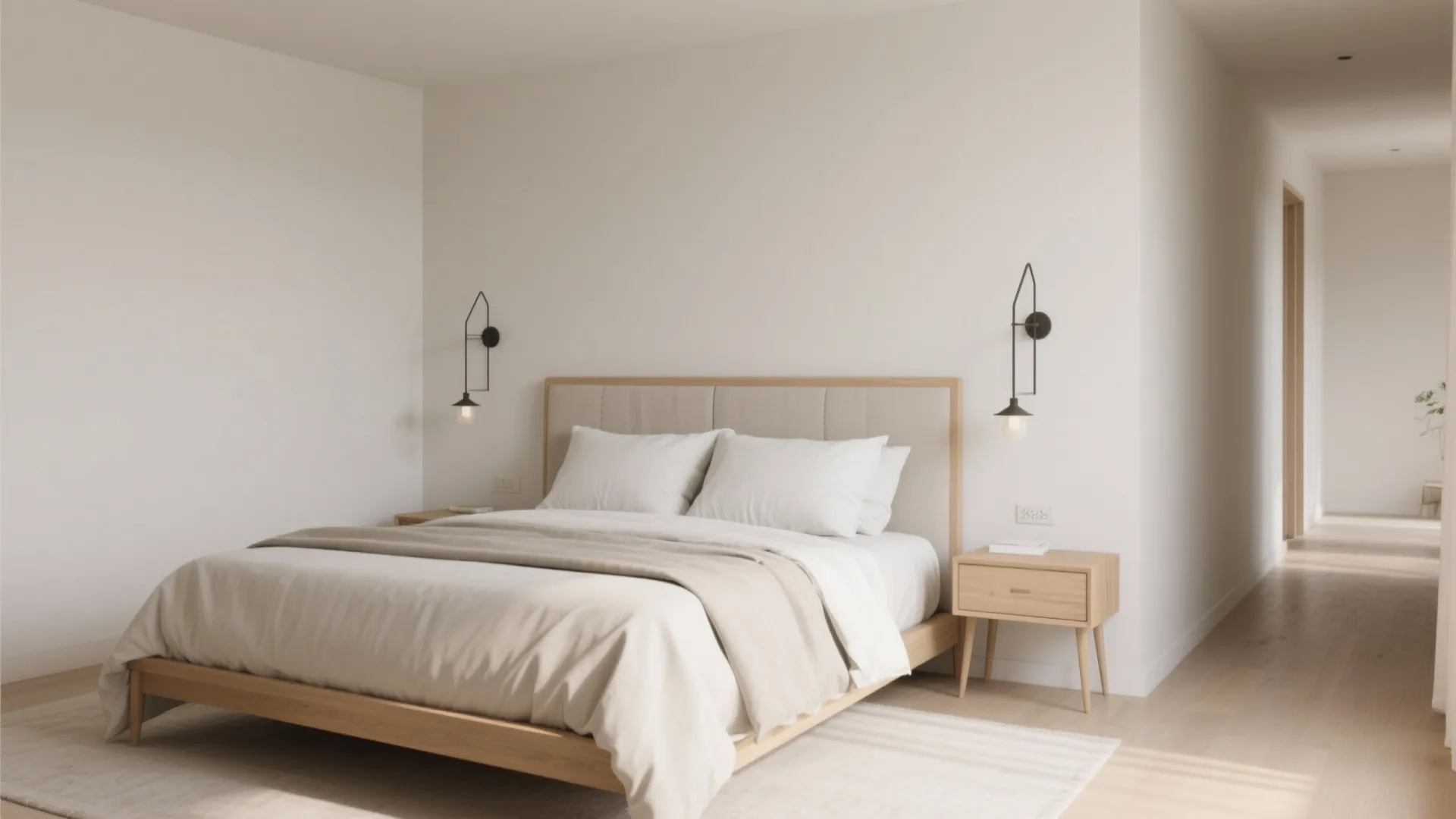 Symmetry-break layout: one nightstand + wall sconce pair