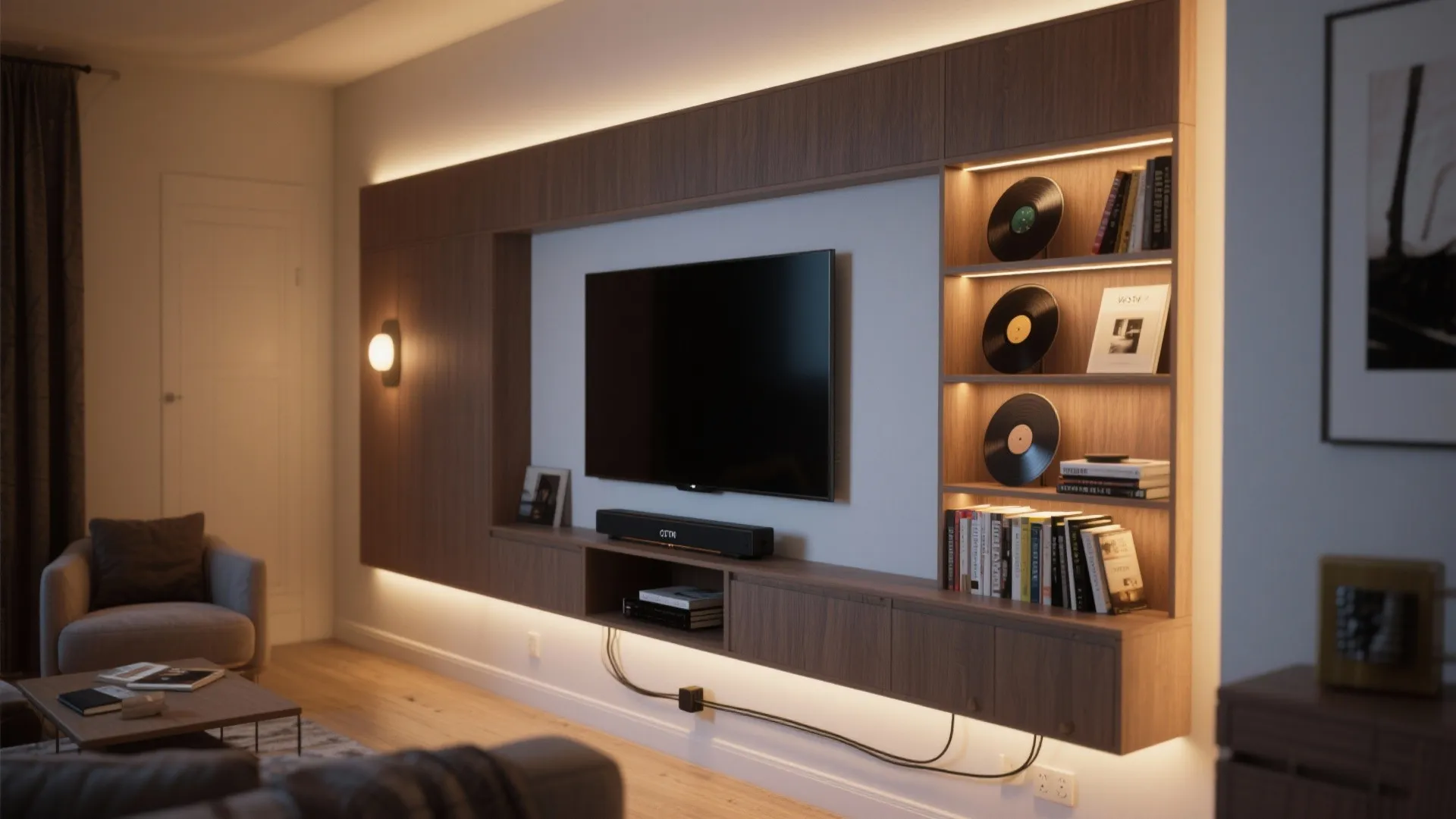 Layered asymmetry with floating shelves and LED backlight