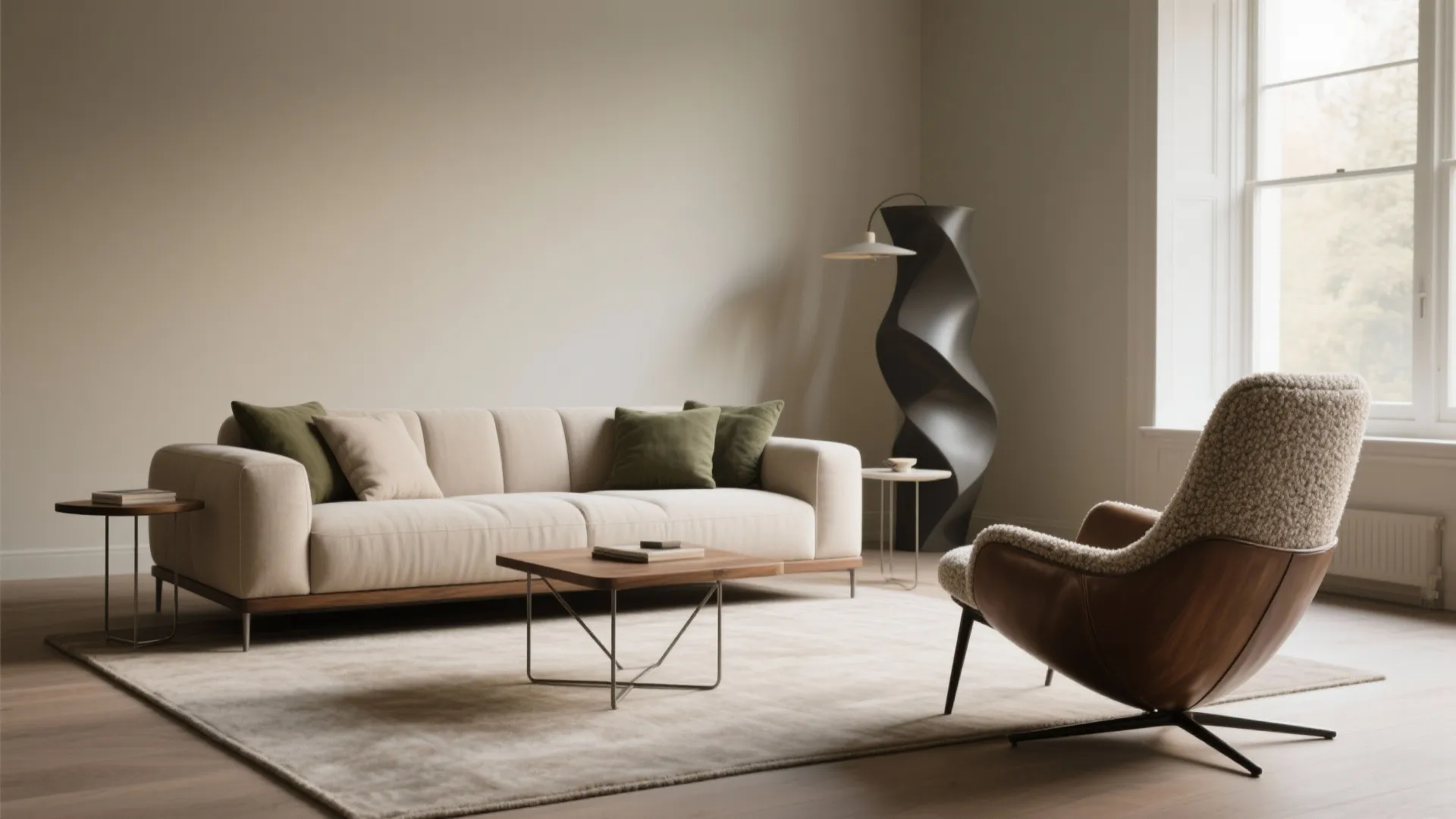 Asymmetry with a statement accent chair and smart side tables