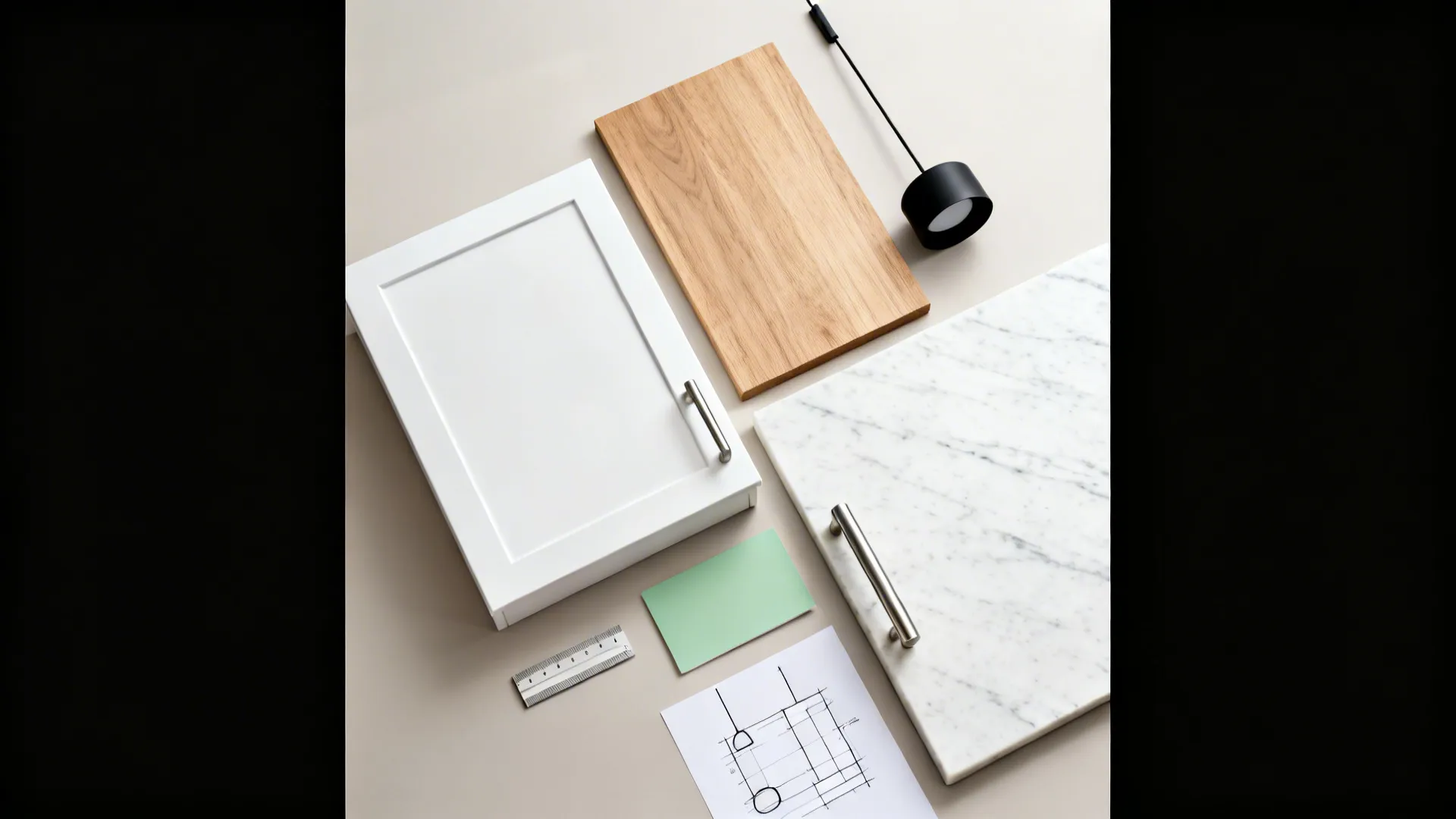 Flat lay of quartz, wood, cabinet, hardware, and paint swatches for a balanced asymmetrical kitchen.