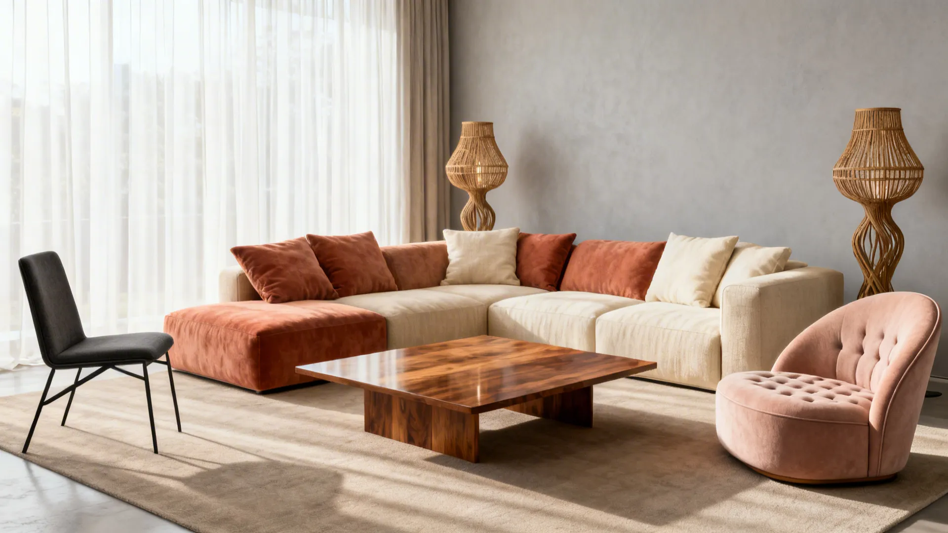 Large sectional with mismatched slim accent and curved slipper chair creating an open, balanced layout.