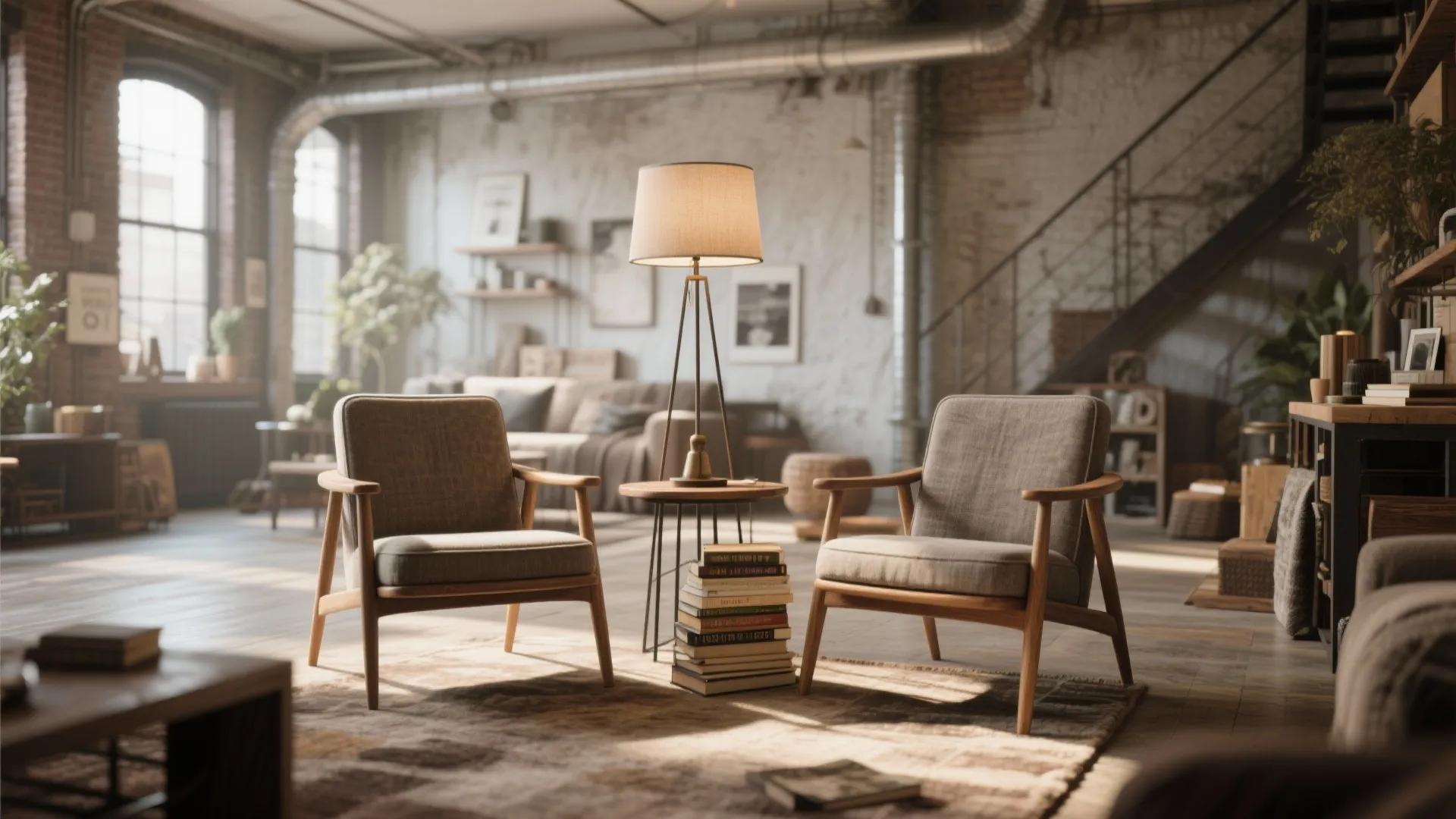 Two identical chairs with different side tables and a tall lamp creating an asymmetrical, lived-in look.