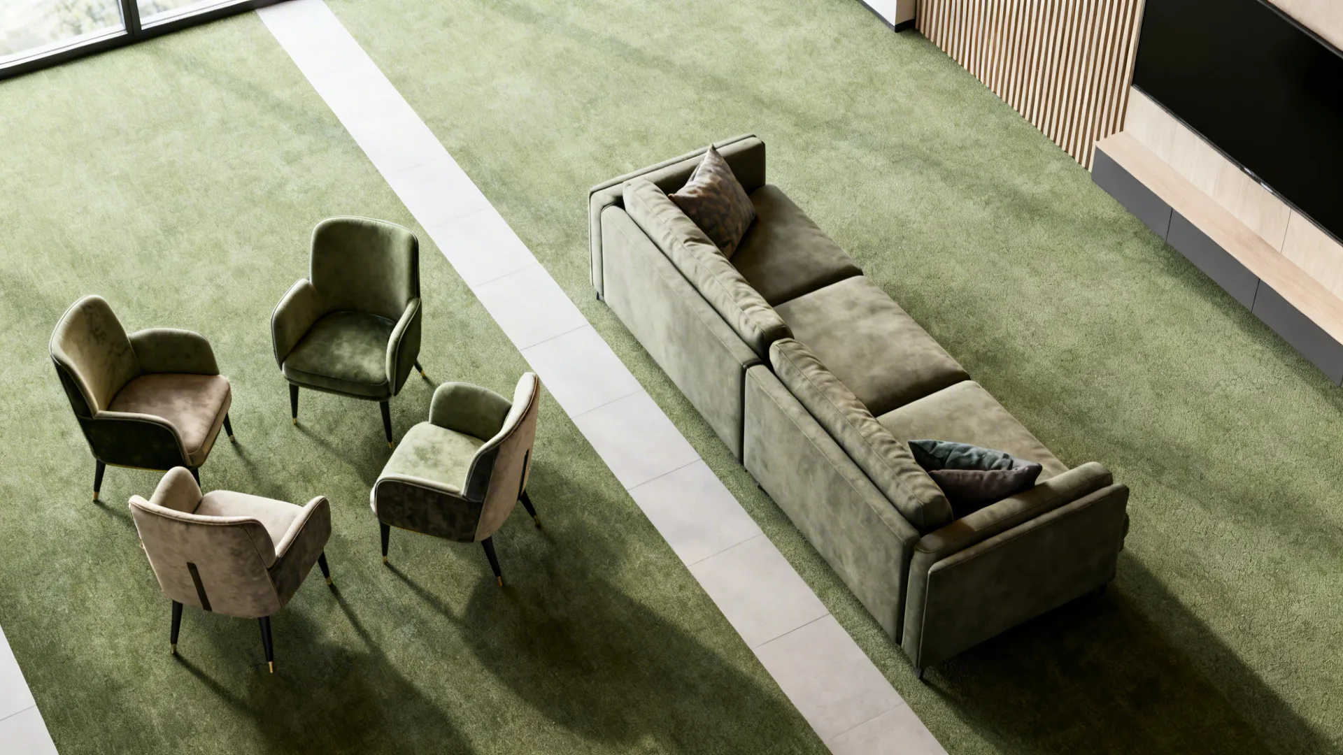 Top-down view contrasting a text-free drawing-room cluster and a TV-oriented living-room cluster.