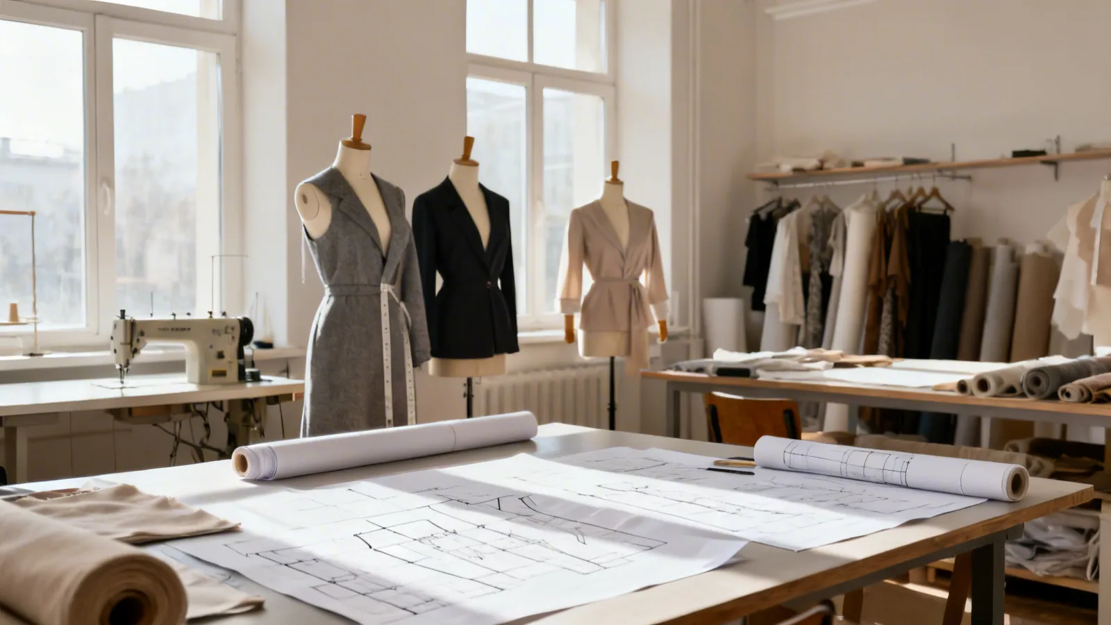 Atelier de moda con maniquíes y mesa de patronaje