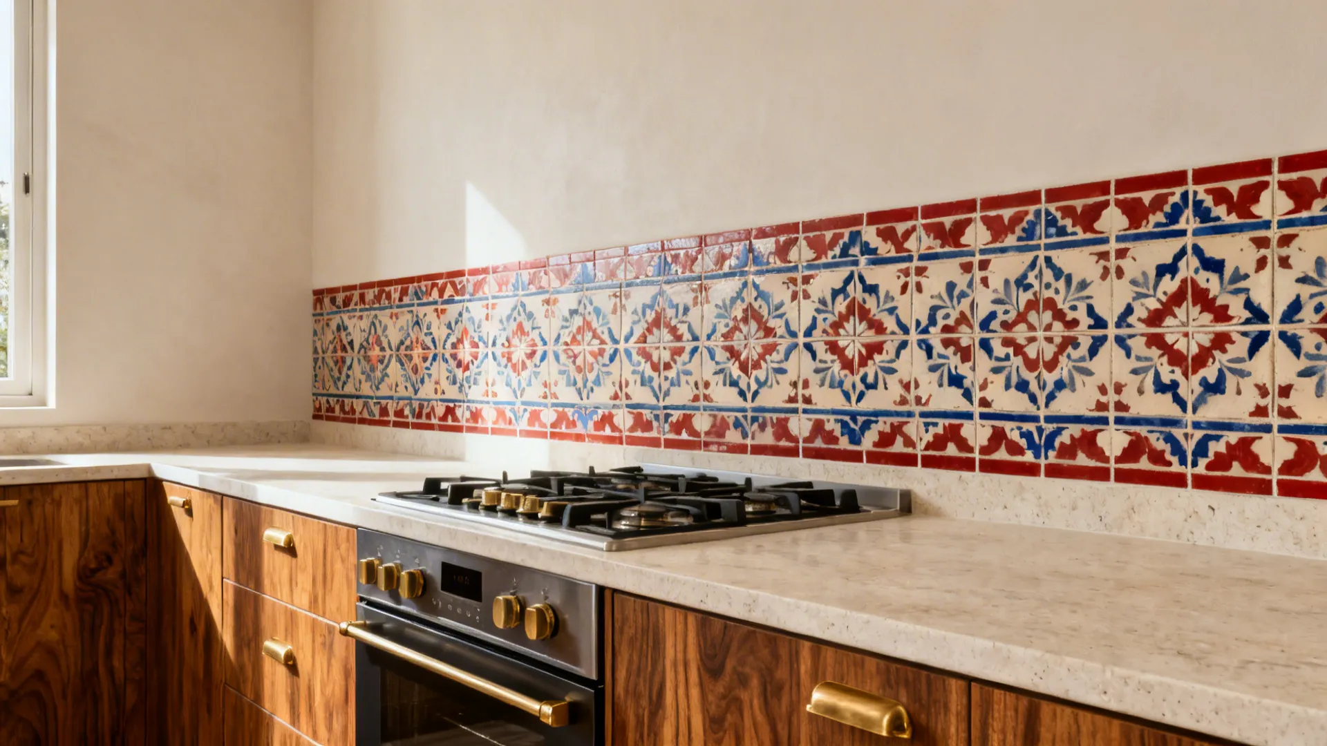 Kitchen with Athangudi-inspired patterned tile band behind cooktop, teak cabinets and quartz counters in soft daylight.