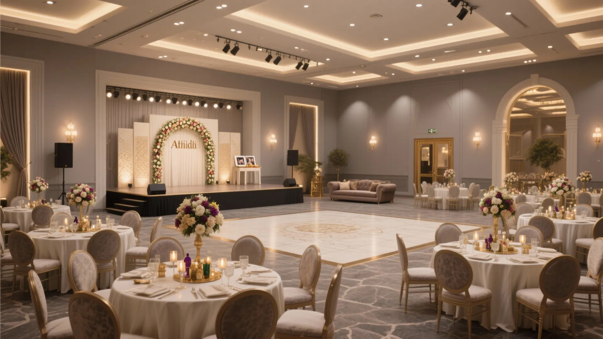 Large ballroom with round tables, white chairs, flower centerpieces, dance floor, and a decorated stage.
