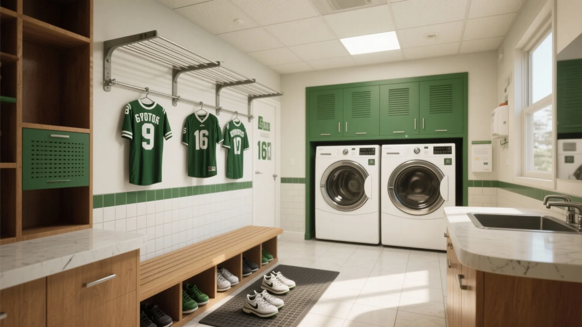Sporty laundry room with green cabinets washing machines jerseys hanging on wall and a shoe rack