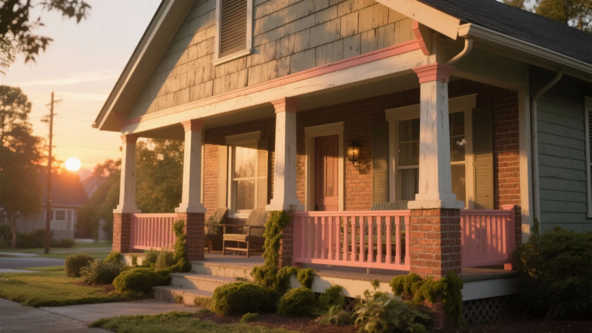 Brick house front porch with pink railings white columns wooden chairs and sunset sky background