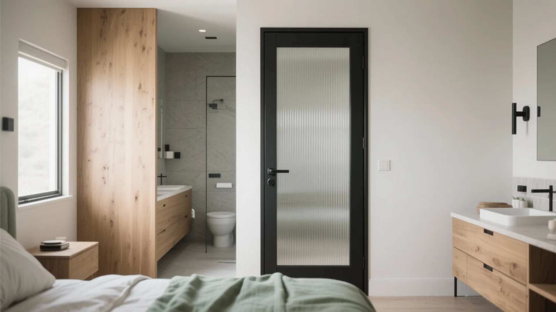 Contemporary bedroom view through black framed glass door to bathroom with wooden cabinet and toilet