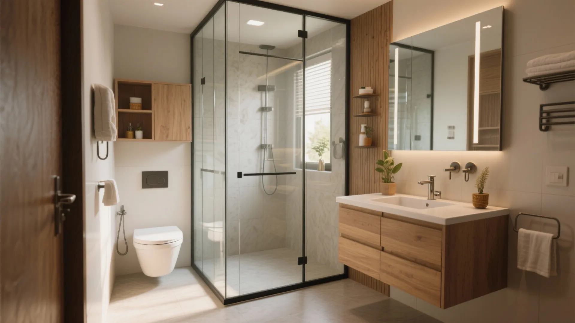 Modern bathroom featuring glass shower cabin wooden cabinet white toilet and warm light wall mirror