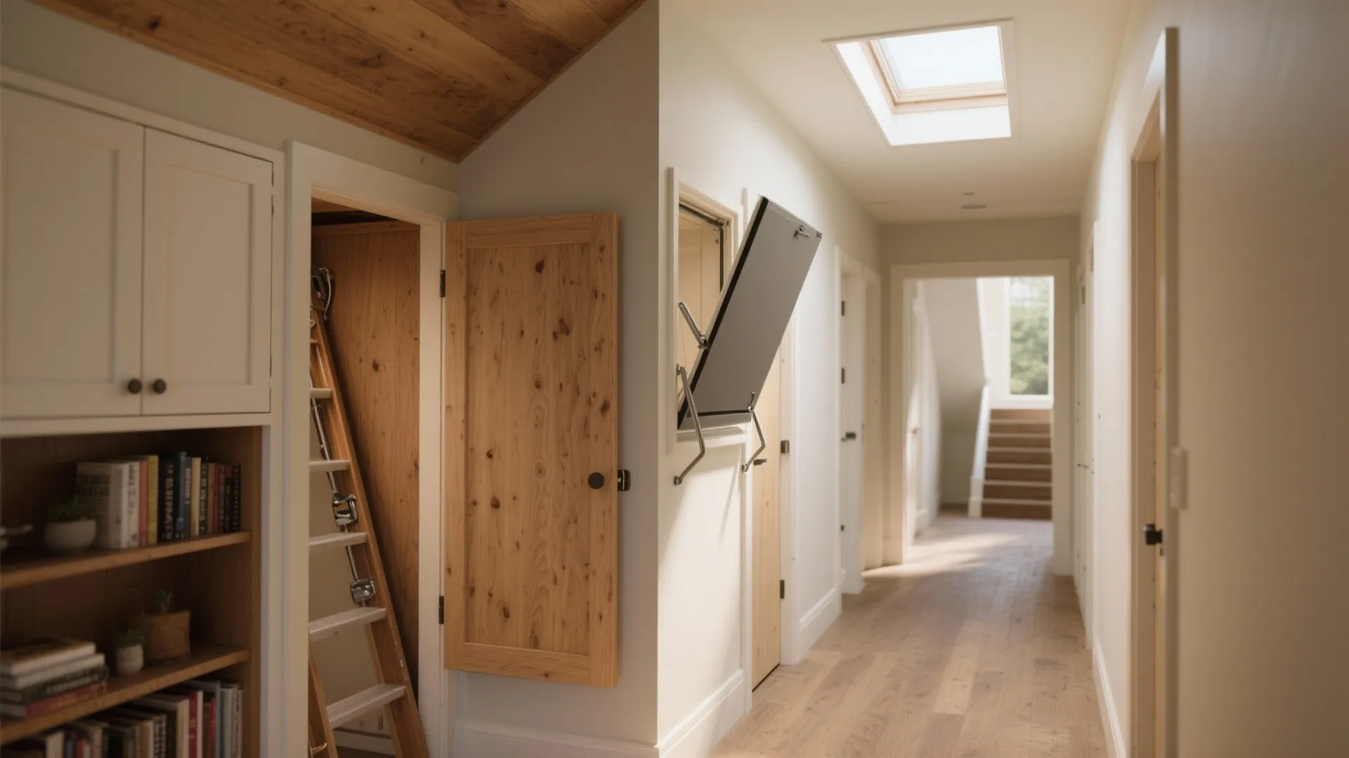Modern hallway with wooden floor leading to stairs with a wooden door and ceiling window