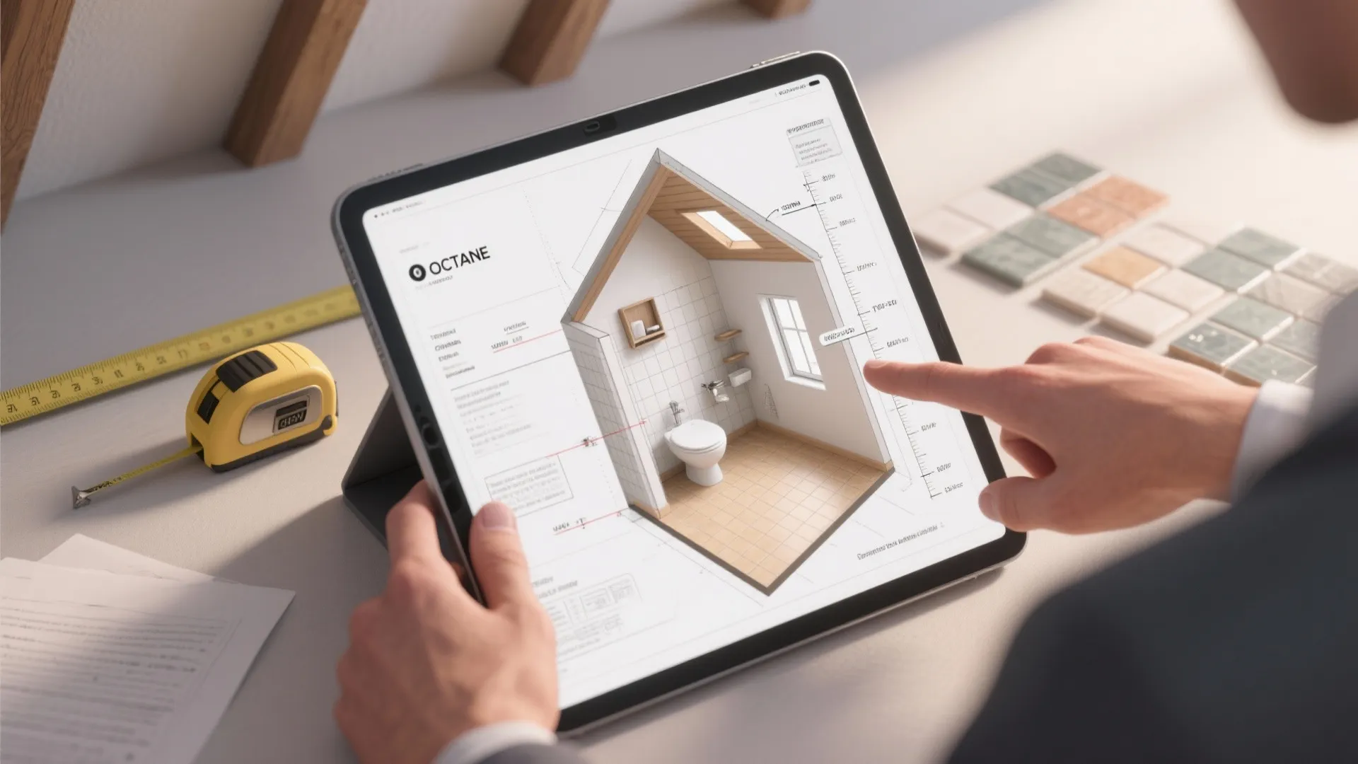Designer reviewing a 3D floor planner and measurements for an attic bathroom layout.