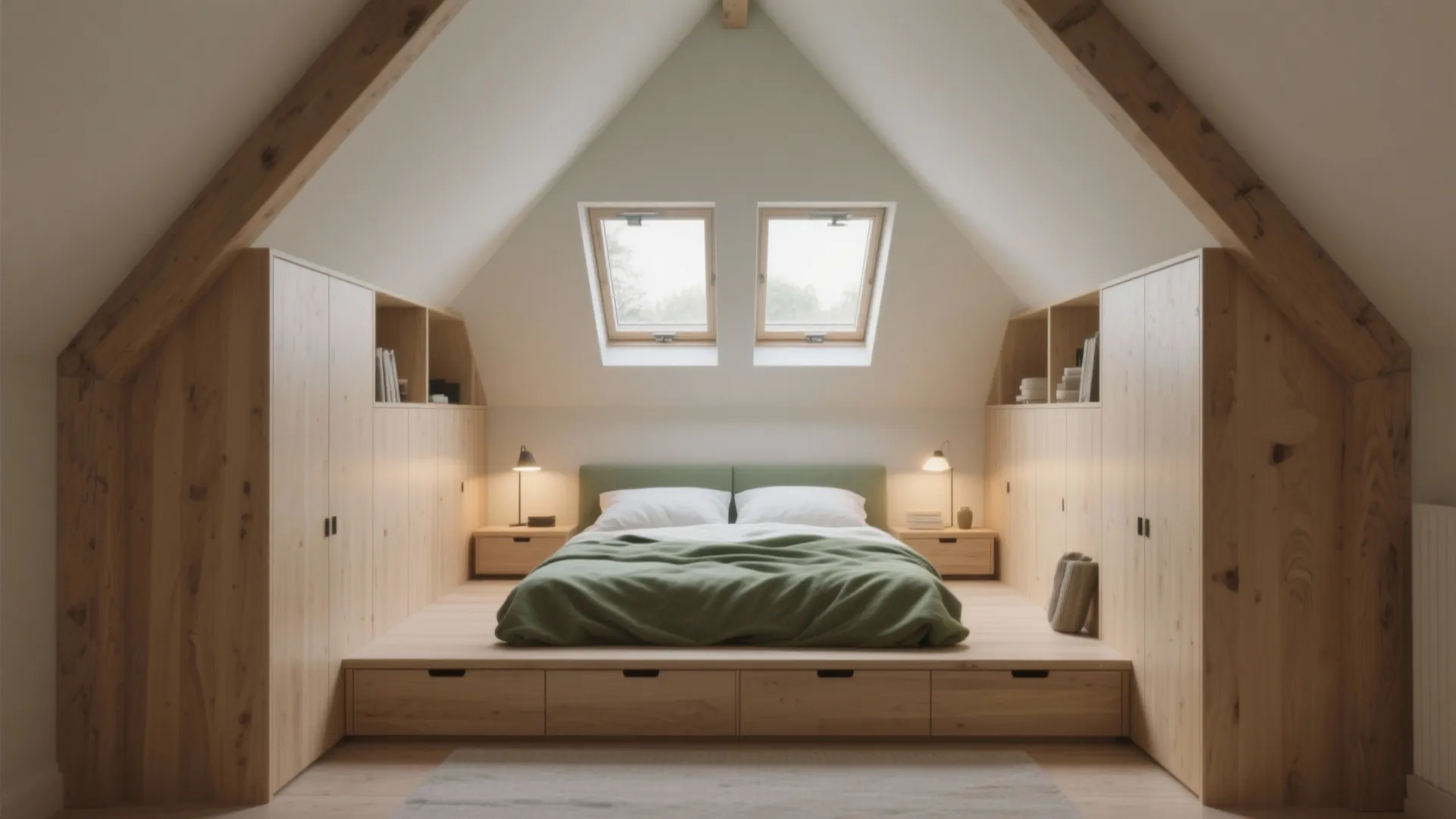 Modern attic bedroom with a green bed integrated wooden cabinets two roof windows and light