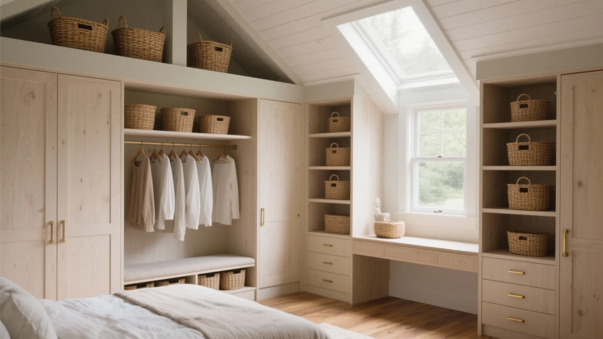 Bright attic bedroom featuring custom wood cabinets with hanging clothes wicker baskets and a small desk