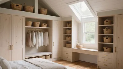 Light-Filled Walk-In Closet with Natural Wood and Baskets