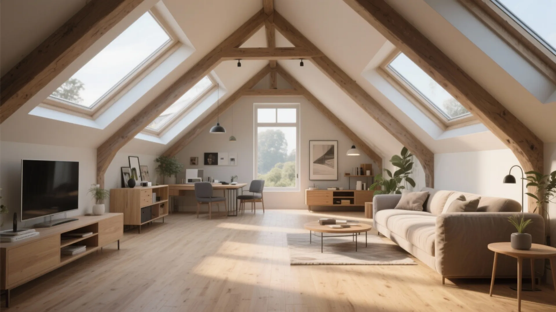 Attic space with skylights, warm wood floors, and cozy furniture
