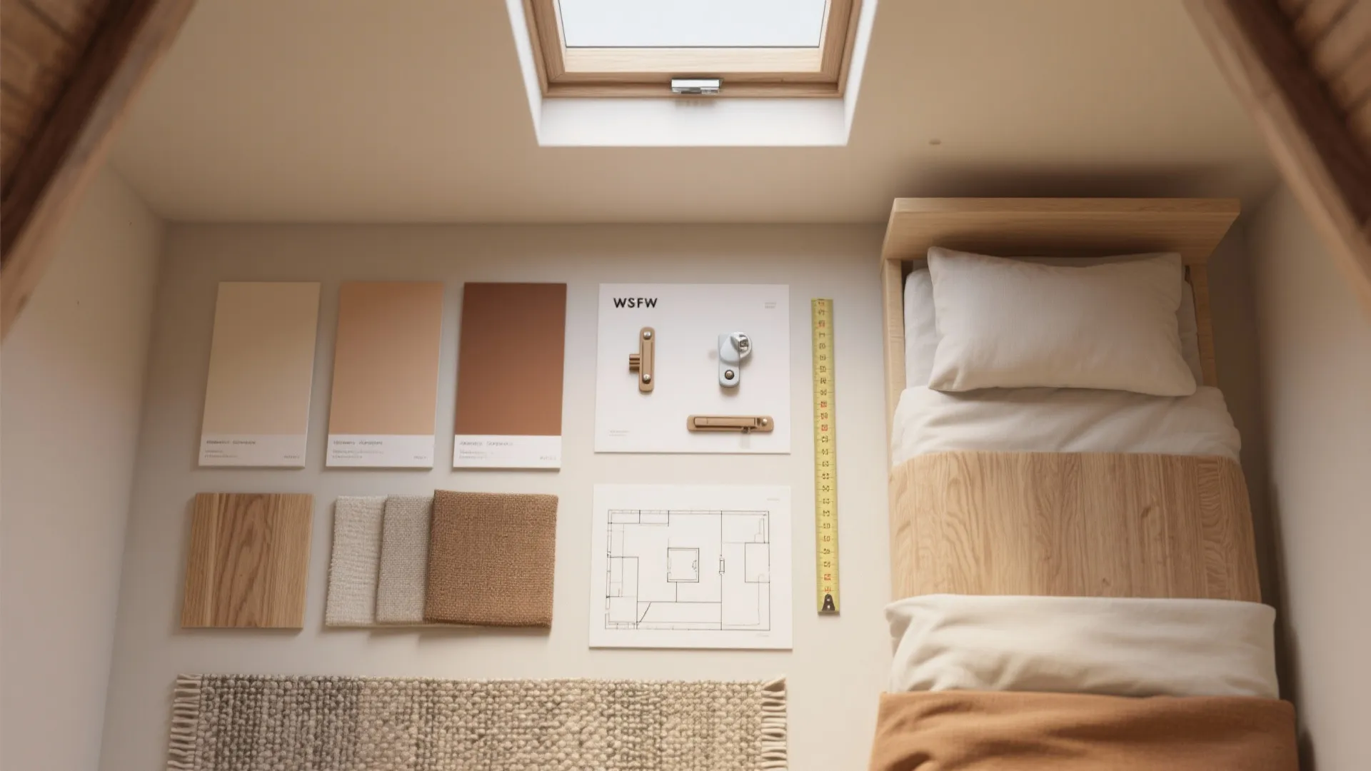 Top view of bedroom mood board with color swatches fabric samples floor plan and wooden furniture