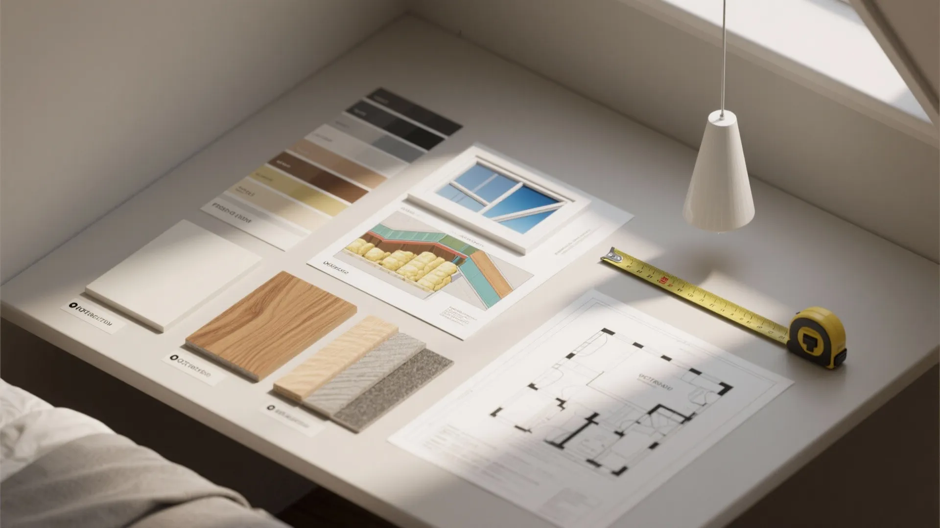 Flatlay of material swatches, insulation sample, skylight photo, and a simple floorplan for attic bedroom planning.