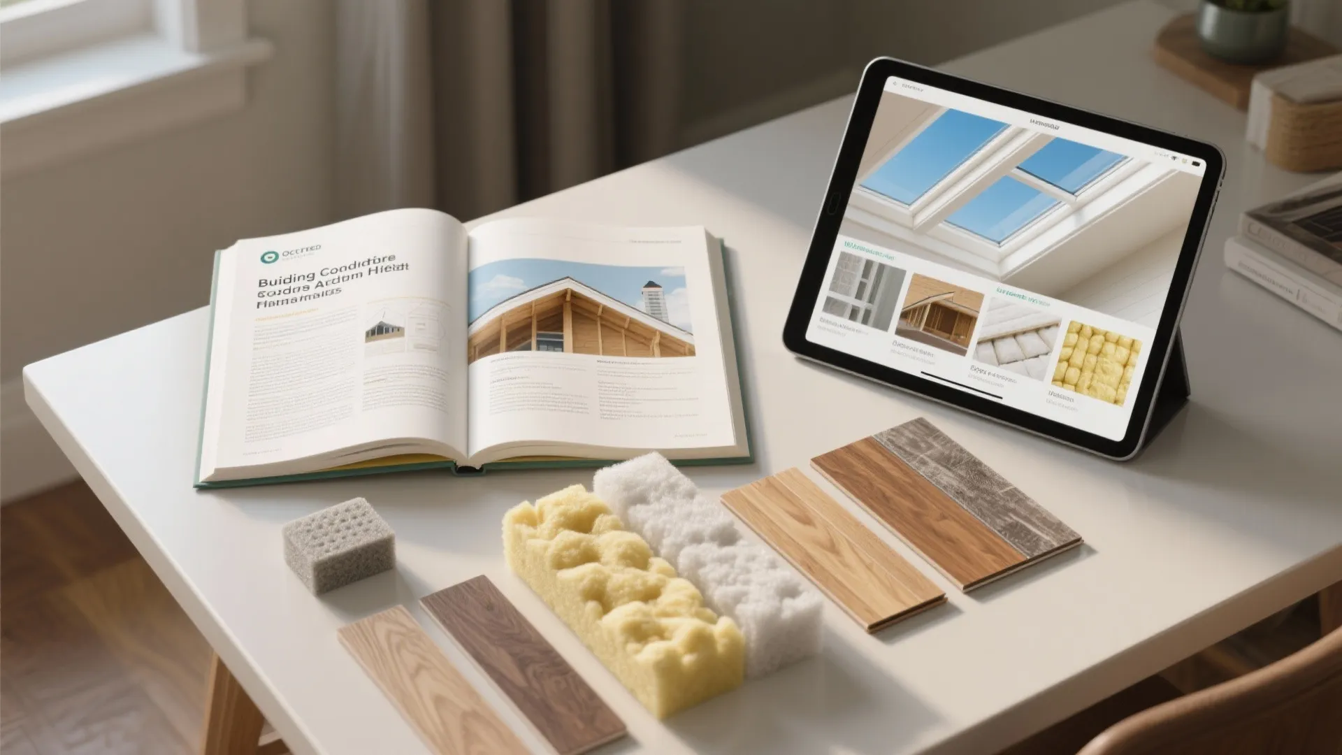 Resources including building code handbook, insulation samples, and flooring swatches for attic planning.