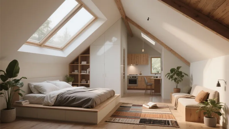 Attic Bedroom with Skylights & Open Kitchen Design