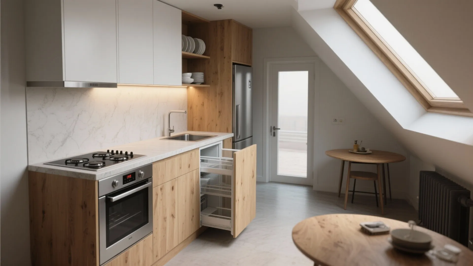 Compact attic kitchen with wooden cabinets white counters silver oven and a large roof window