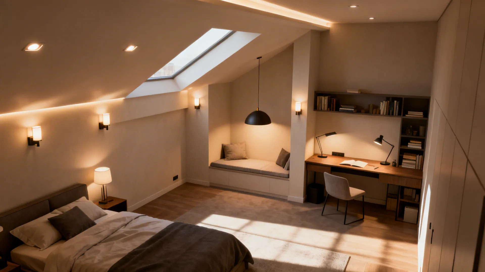 Attic bedroom with a bed, roof window, reading nook, desk, chair, and warm interior lighting