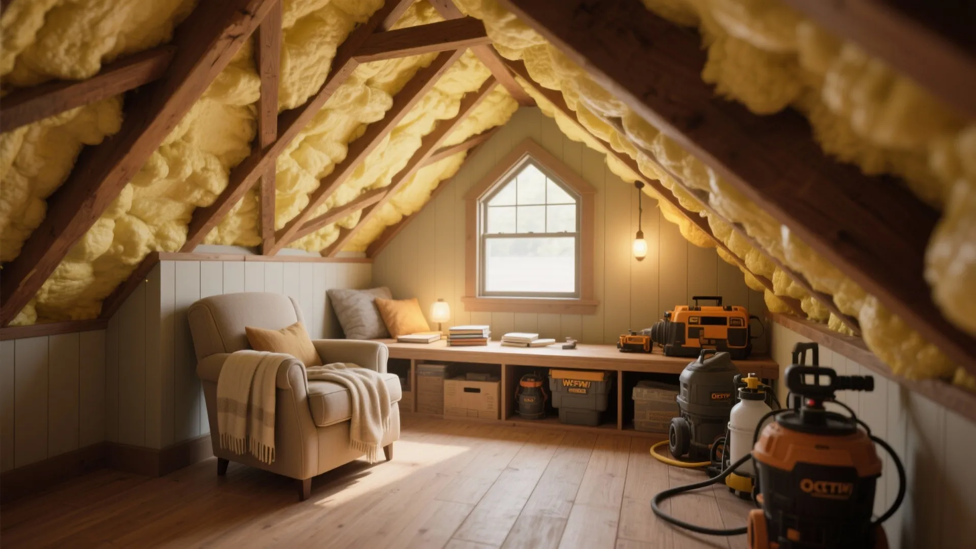 Attic room renovation with yellow spray foam insulation on wooden beams and a beige armchair