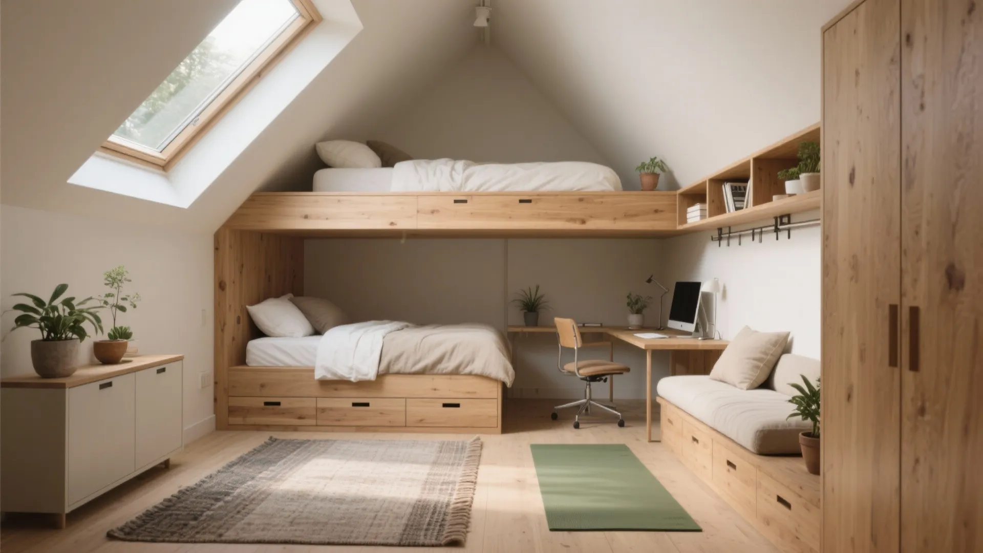 Modern attic bedroom with wooden bunk beds, a roof window, work desk, and minimalist furniture