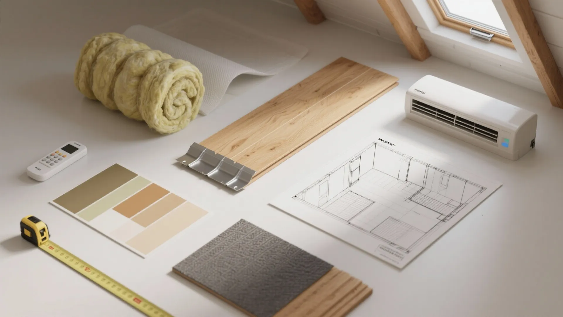 Interior design materials including floor plan, wood samples, insulation roll, measuring tape, and color palette