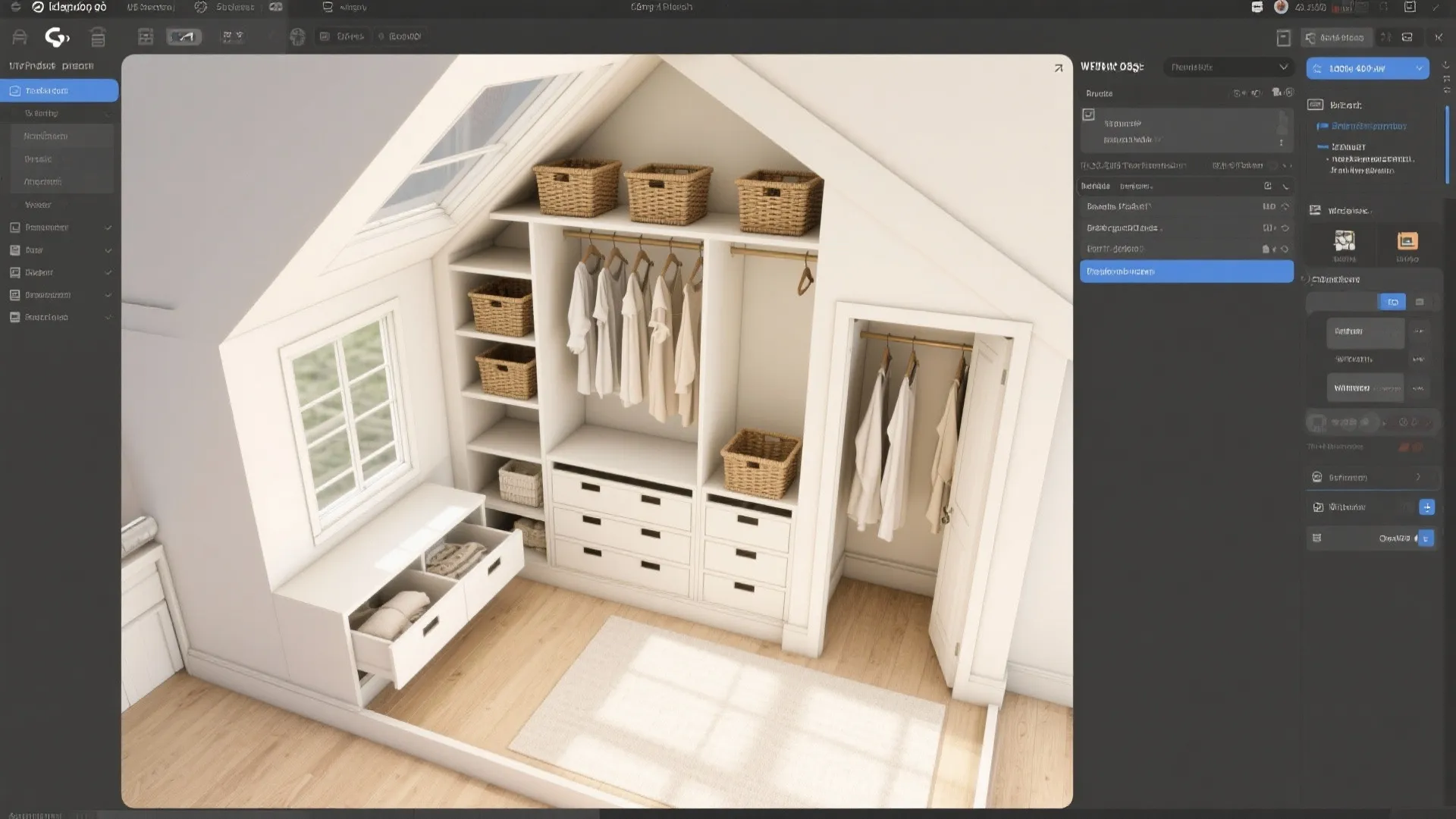 Coohom interior design software showing a 3D model of a walk in closet under sloped roof