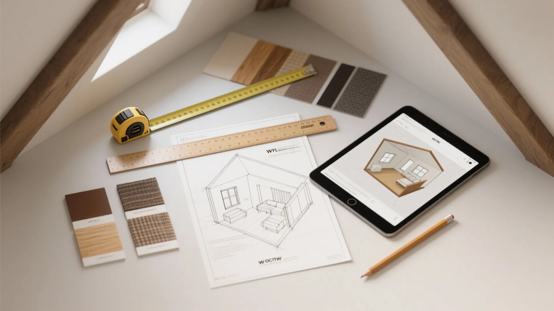 Top-down flatlay with attic slope sketches, measuring tools, material swatches, and a tablet room planner.