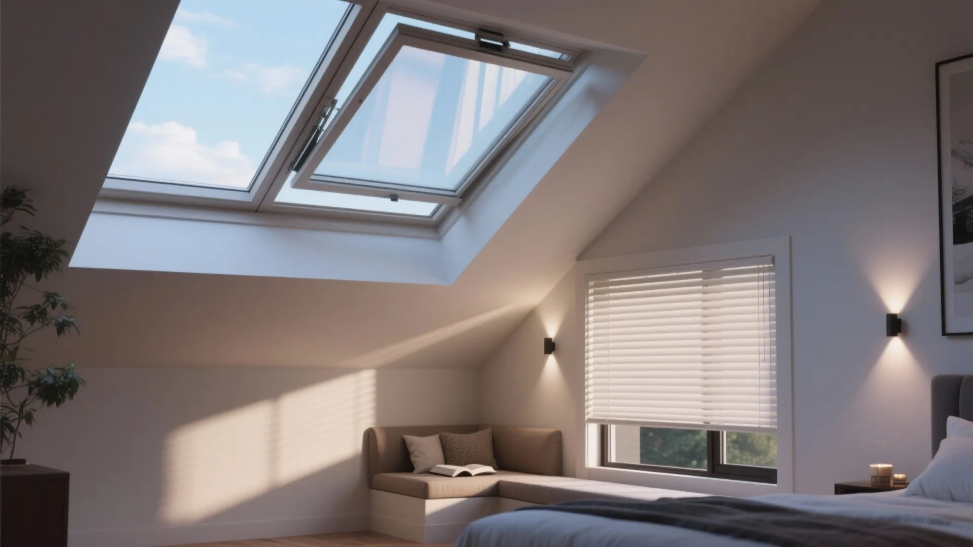 Operable skylight in an attic bedroom with soft daylight and partially closed cellular blinds.