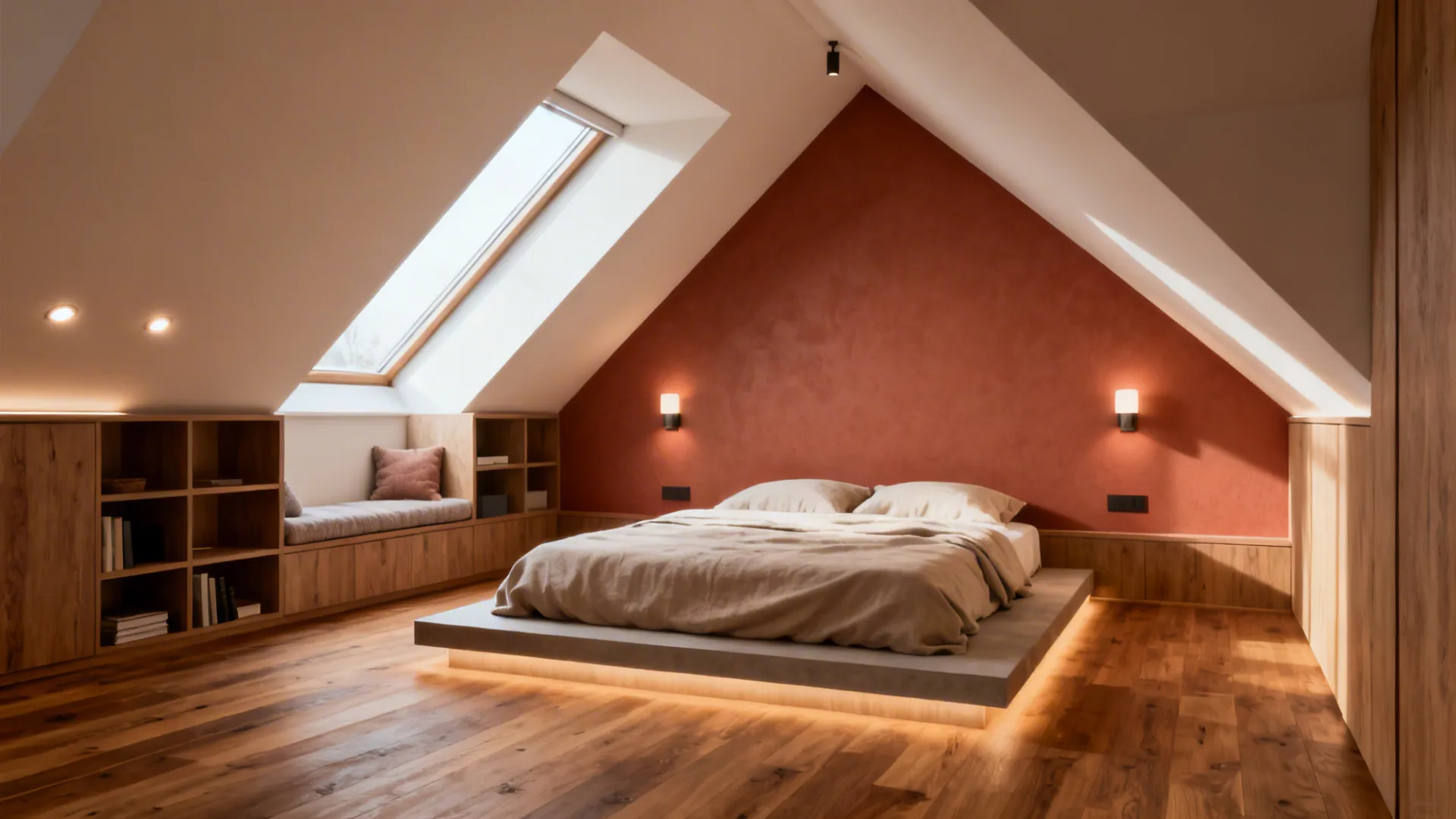 Attic bedroom with red wall, bed with floor lighting, wooden storage, and large roof window