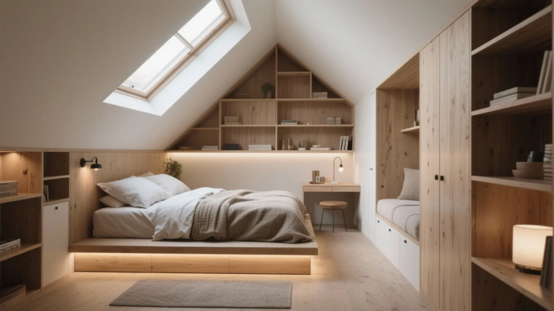 Modern attic bedroom with wooden bed frame built-in bookshelves desk roof window and warm interior lighting