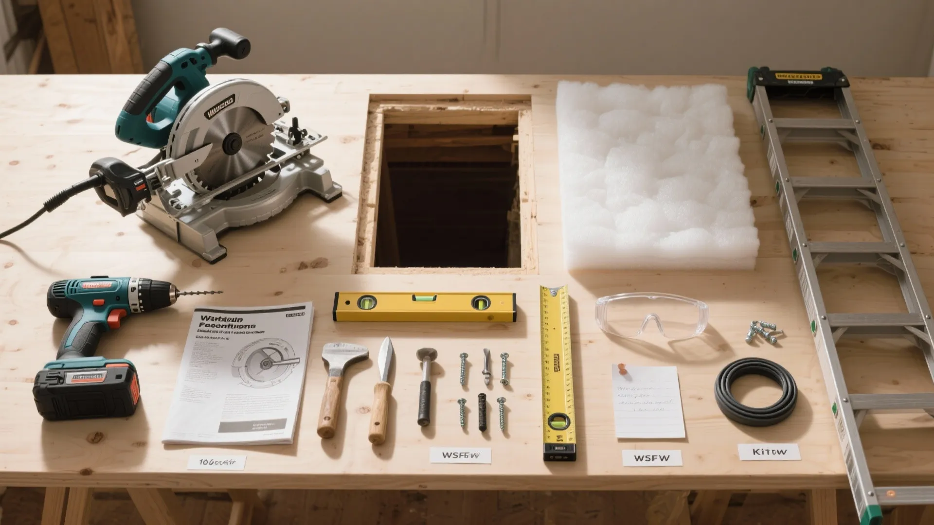 Various renovation tools including electric saw power drill level and ladder placed on wooden work table