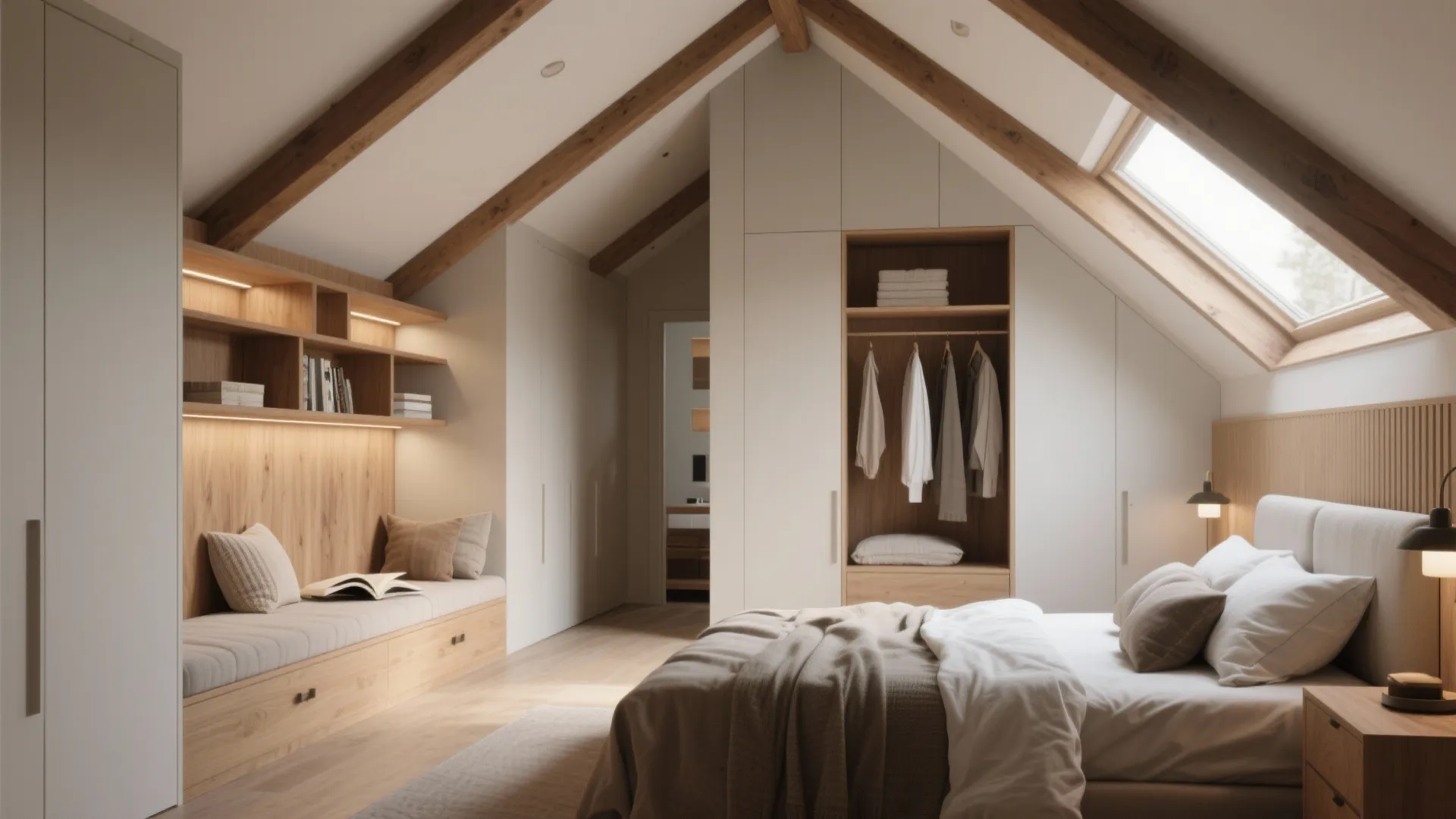 Attic bedroom with built-in shelving, reading nook under eaves, and a separate dressing area.