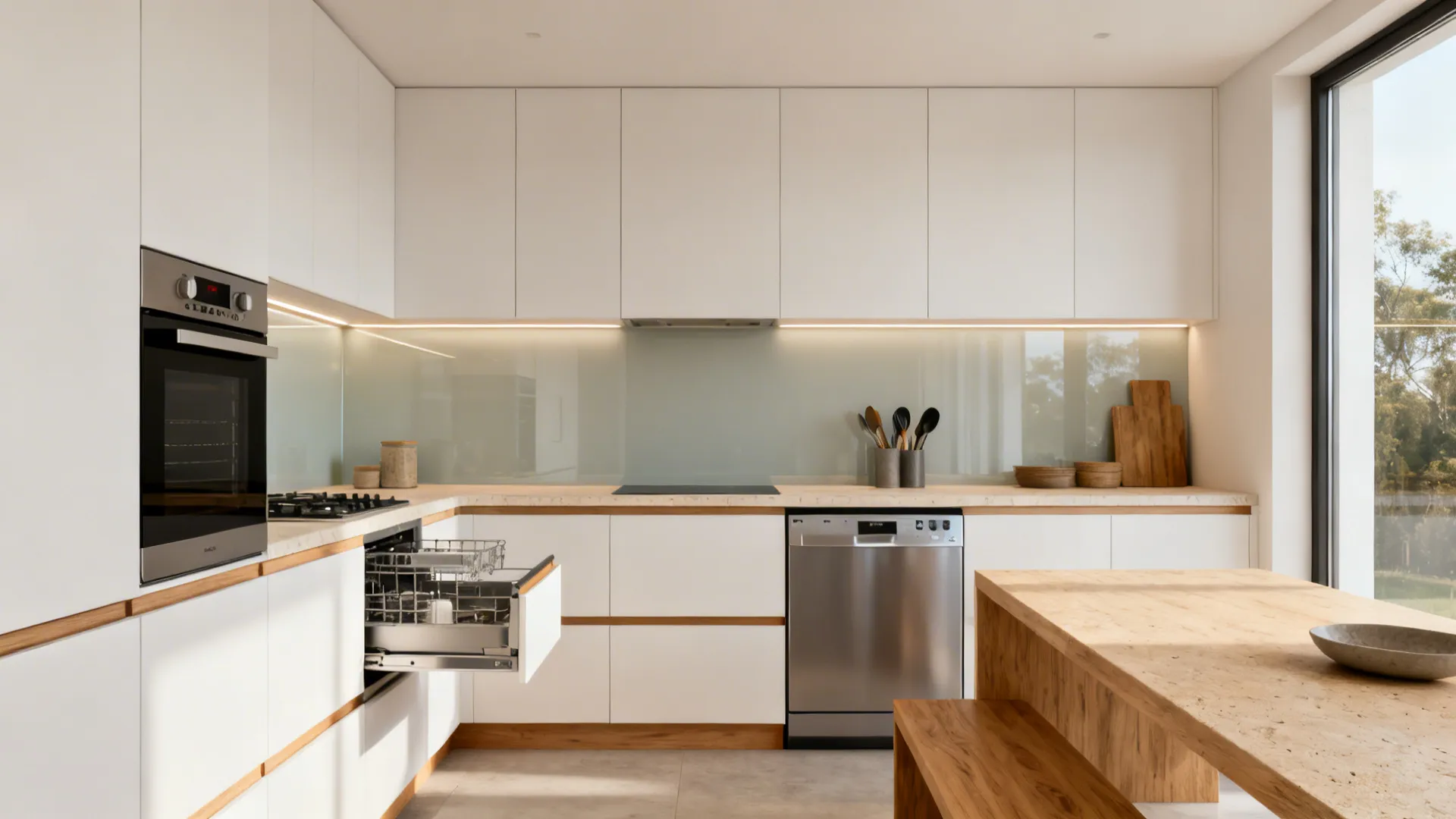 Modern white kitchen with wooden table bench open dishwasher and natural light from a large window