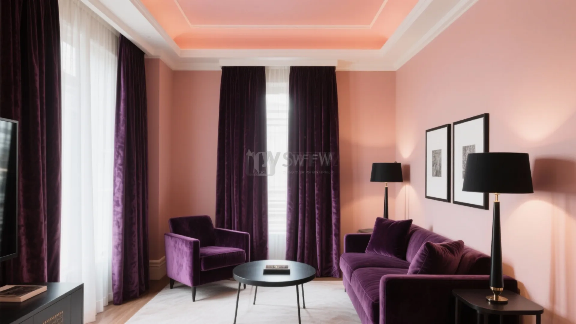Modern pink living room with purple sofa, matching velvet curtains, black floor lamps, and table